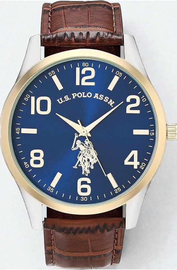 U.S. Polo Assn. Men's Analog Dress Watch with Blue Sunray Dial Gold-Tone Bezel and Brown Faux Leather Strap