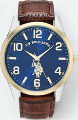 U.S. Polo Assn. Men's Analog Dress Watch with Blue Sunray Dial Gold-Tone Bezel and Brown Faux Leather Strap