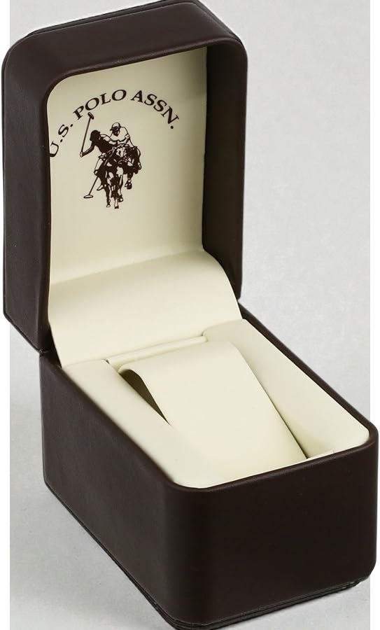 U.S. Polo Assn. Men's Analog Dress Watch with Blue Sunray Dial Gold-Tone Bezel and Brown Faux Leather Strap