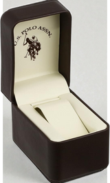 U.S. Polo Assn. Men's Analog Dress Watch with Blue Sunray Dial Gold-Tone Bezel and Brown Faux Leather Strap