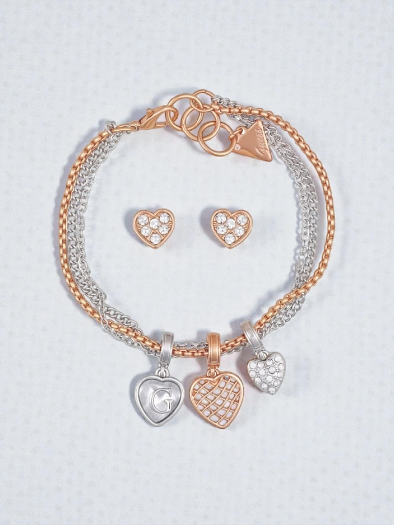 Immediate Guess Mixed-Tone Heart Layered Bracelet and Earrings Box Set