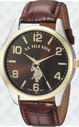 U.S. Polo Assn. Men's Brown Dial Watch with Gold-Tone Bezel and Croc-Embossed Strap