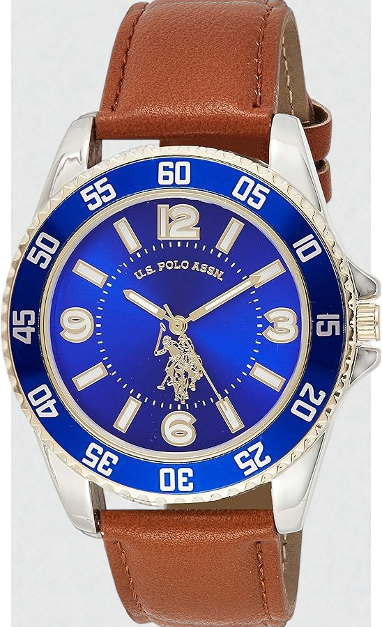 U.S. Polo Assn. Men's Brown Leather Strap Watch with Blue Dial and Silver-Tone Case