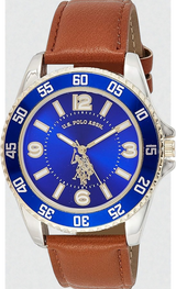 U.S. Polo Assn. Men's Brown Leather Strap Watch with Blue Dial and Silver-Tone Case