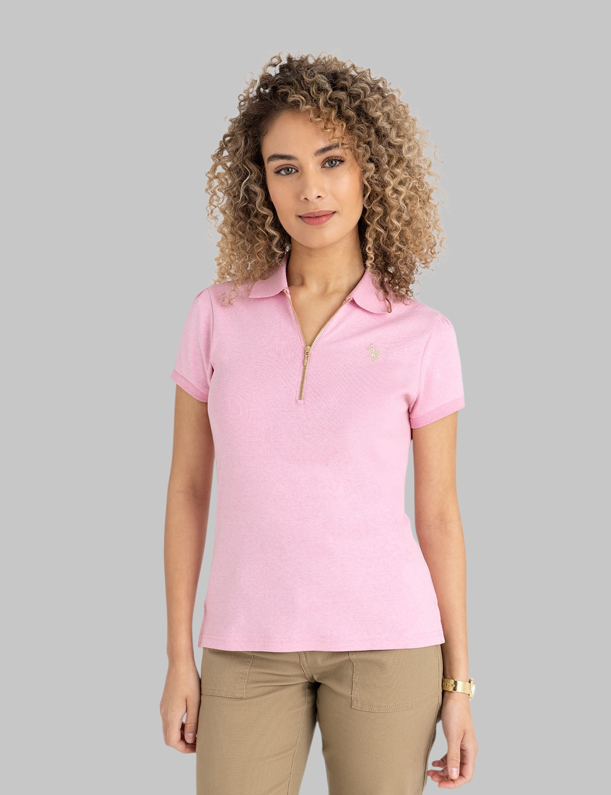 HALF ZIP PUFF SLEEVE HEATHER POLO SHIRT