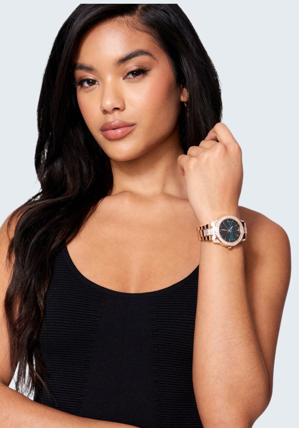 Black Smooth Dial Crystal Bezel Watch