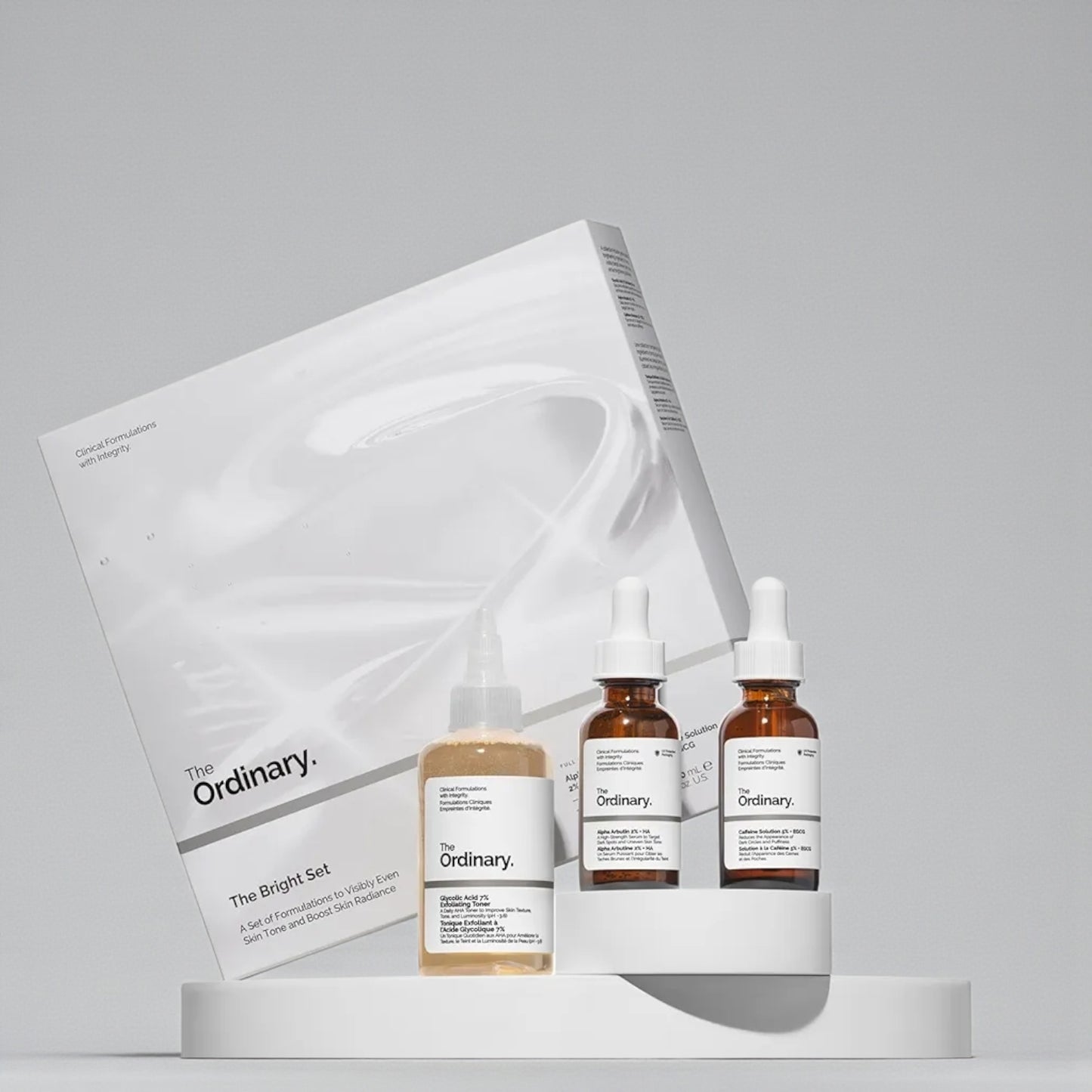 The Ordinary The Bright Set, 3-Step Regimen for Radiant, Even Skin Tone with Glycolic Acid 7% Exfoliating Toner, Alpha Arbutin 2% + HA, and Caffeine Solution 5% + EGCG | Skin Care Set