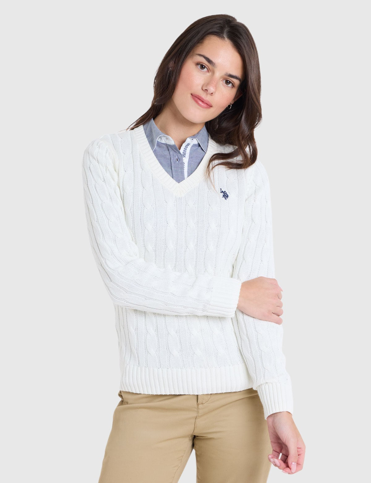 US.POLO.ASSN CABLE V-NECK SWEATER, 21W0007-EE00A