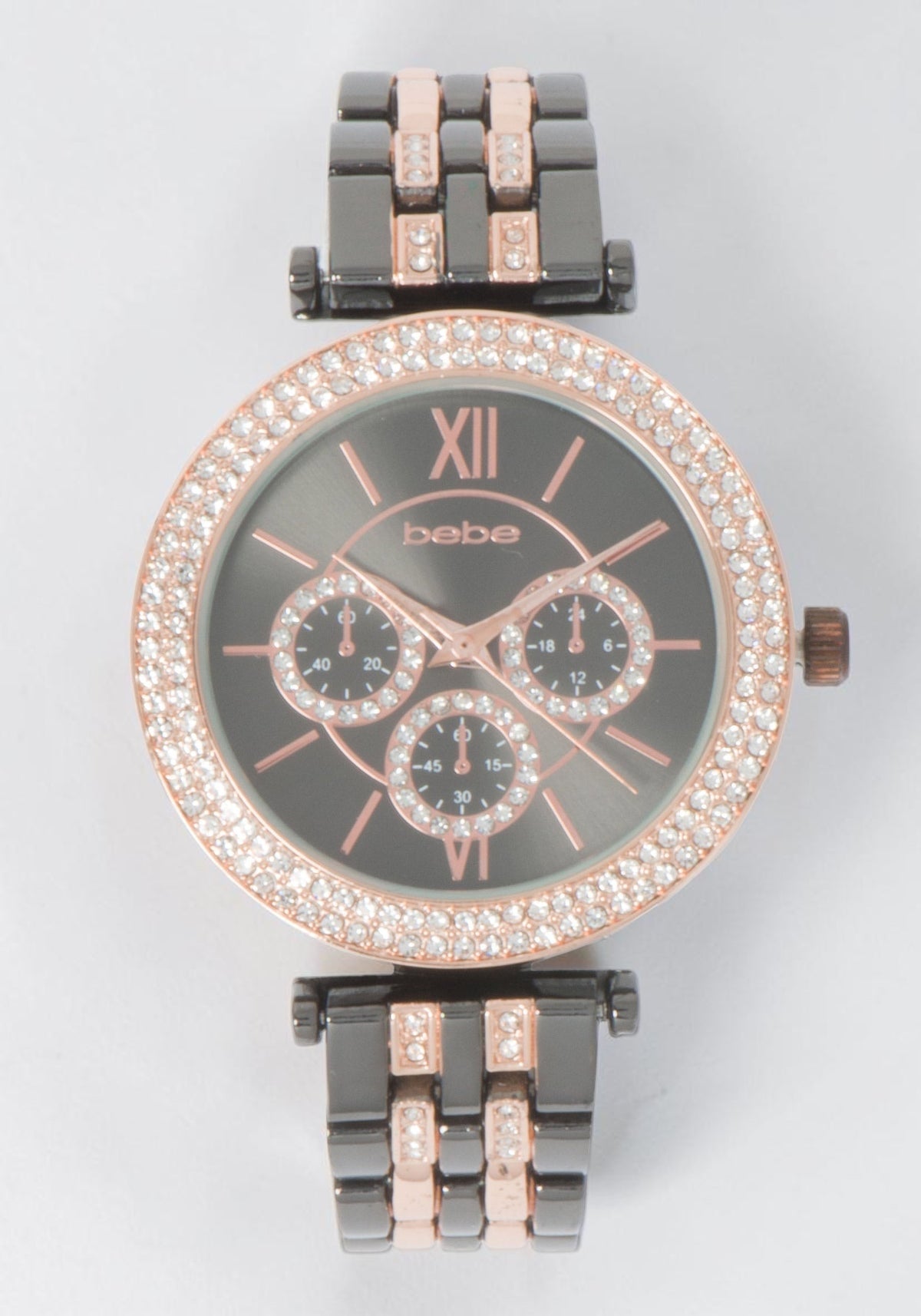 Glossy Gun Metal Dial Crystal Bezel Watch