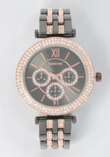Glossy Gun Metal Dial Crystal Bezel Watch