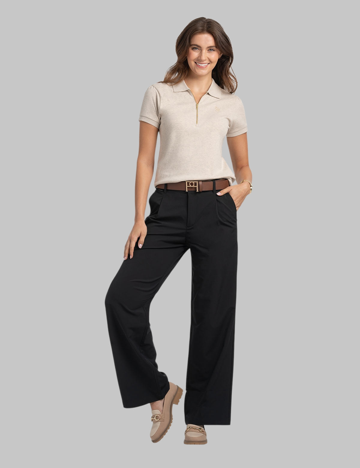 HALF ZIP PUFF SLEEVE HEATHER POLO SHIRT