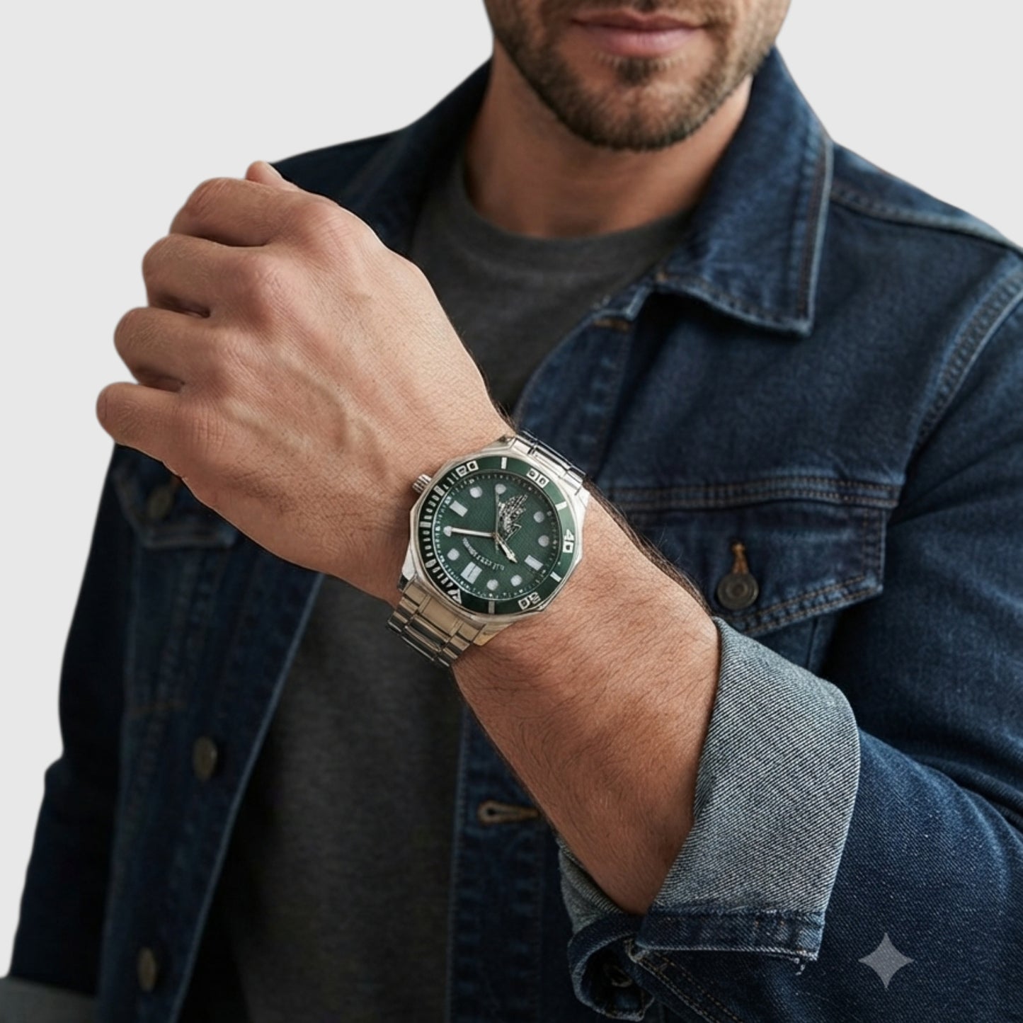 MENS TWO TONE LINK WATCH WITH GREEN DIAL,USC81002UO-0000A