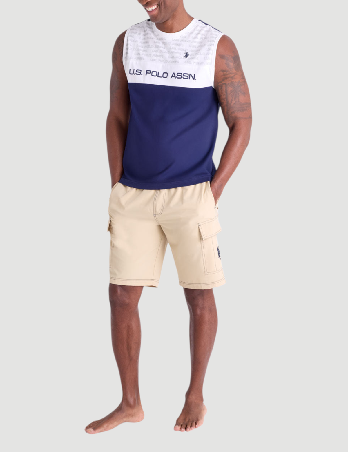 10" CONTRAST STITCH STRETCH CARGO SWIM SHORTS