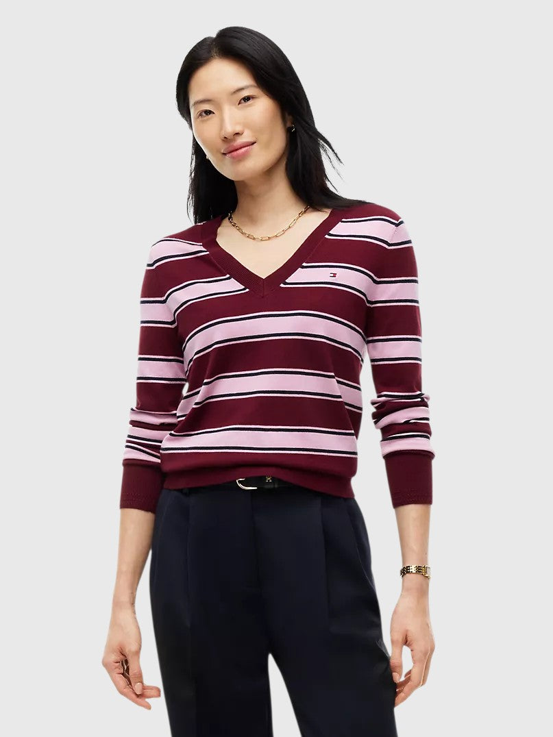 TOMMY HILFIGER Lightweight Striped V-Neck Sweater,XW09742-VLP