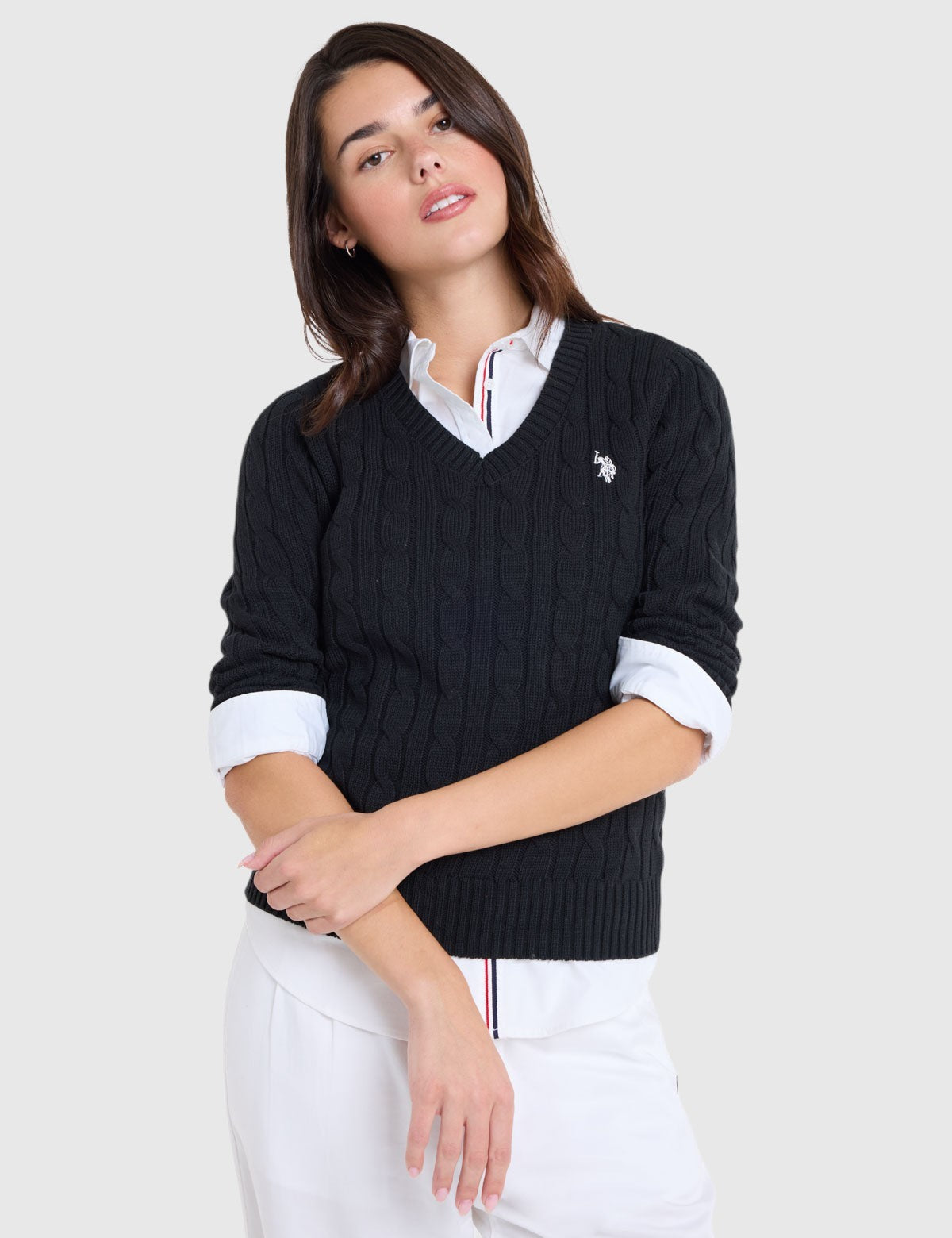 US.POLO.ASSN CABLE V-NECK SWEATER, 21W0007-EE00A