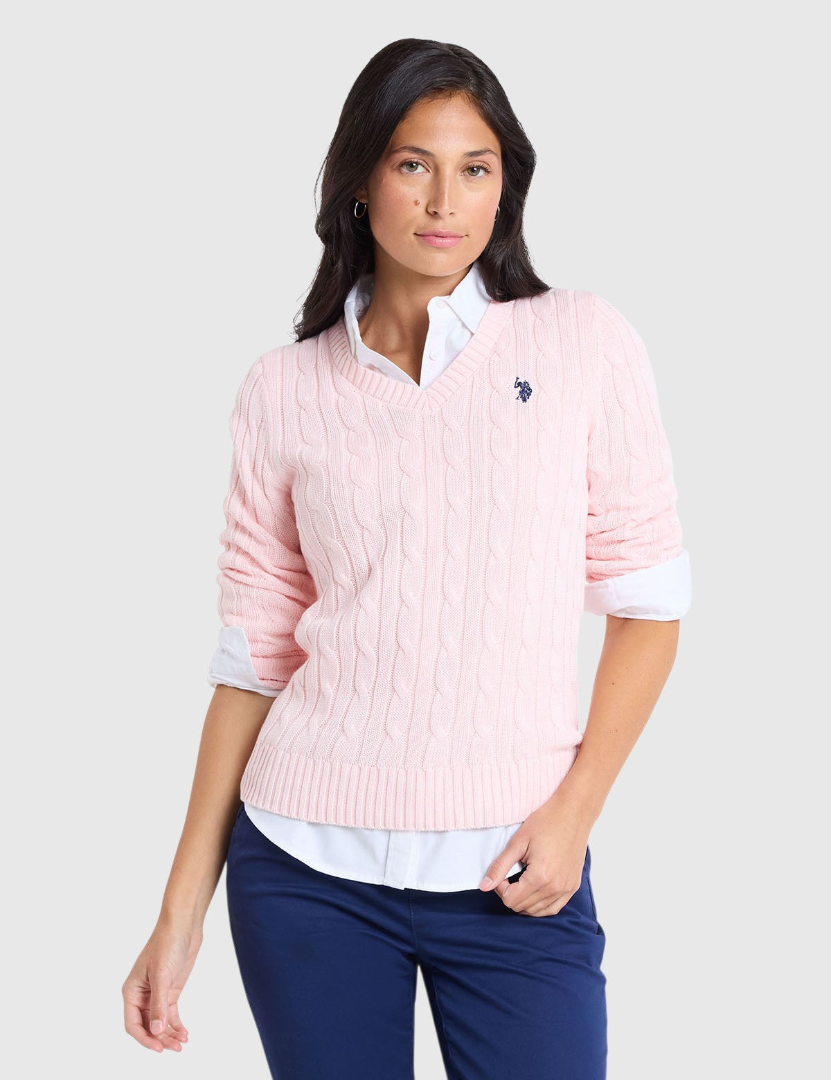 US.POLO.ASSN CABLE V-NECK SWEATER, 21W0007-EE00A
