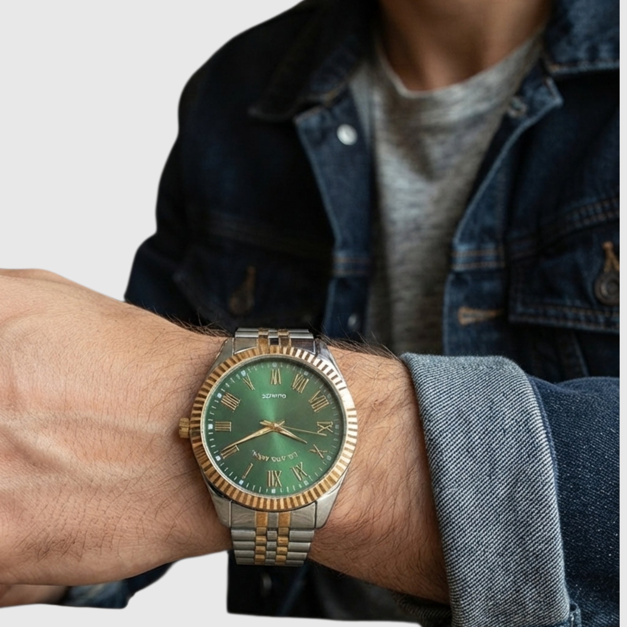 MENS TWO TONE LINK WATCH WITH GREEN DIAL,USC81002UO-0000A