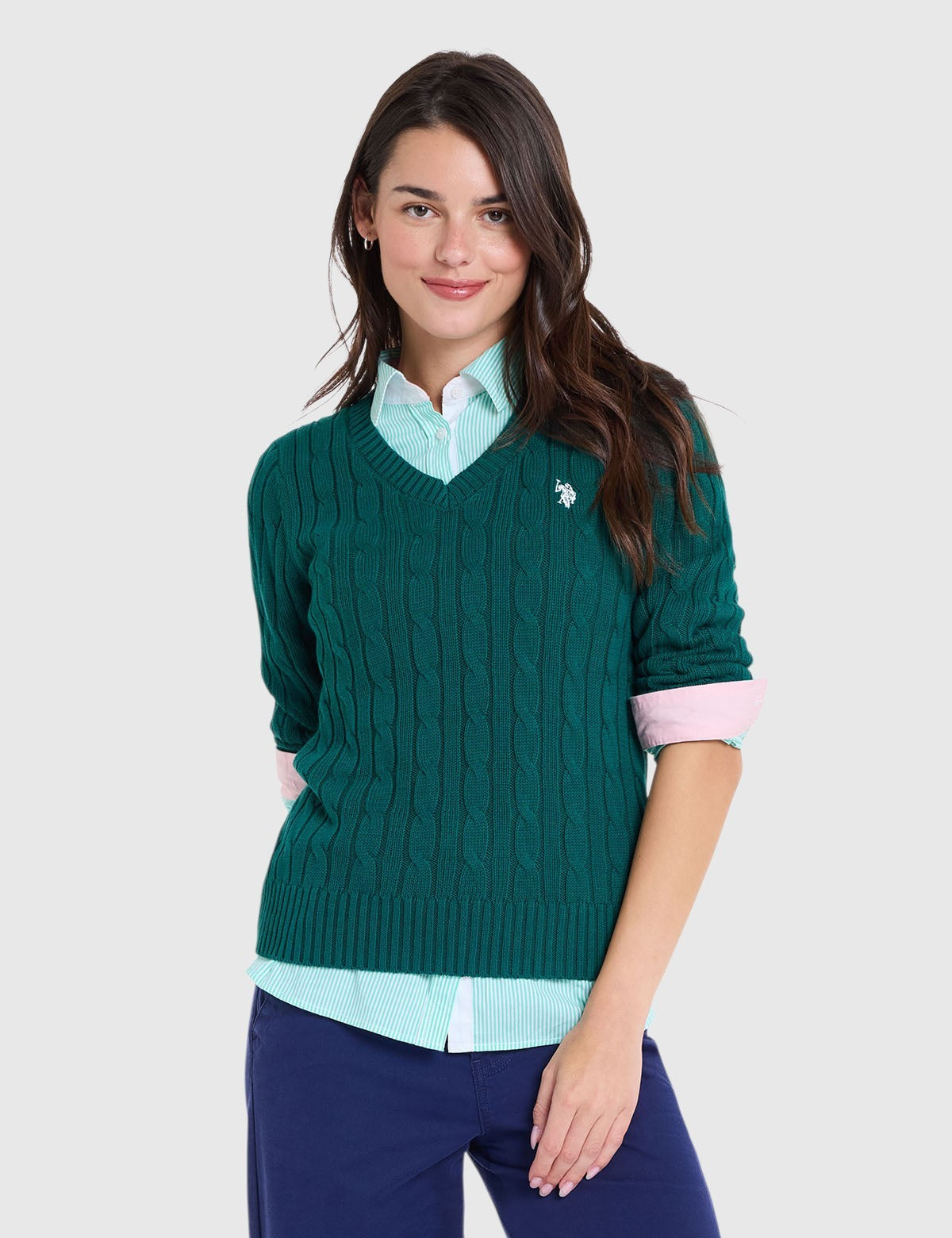 US.POLO.ASSN CABLE V-NECK SWEATER, 21W0007-EE00A