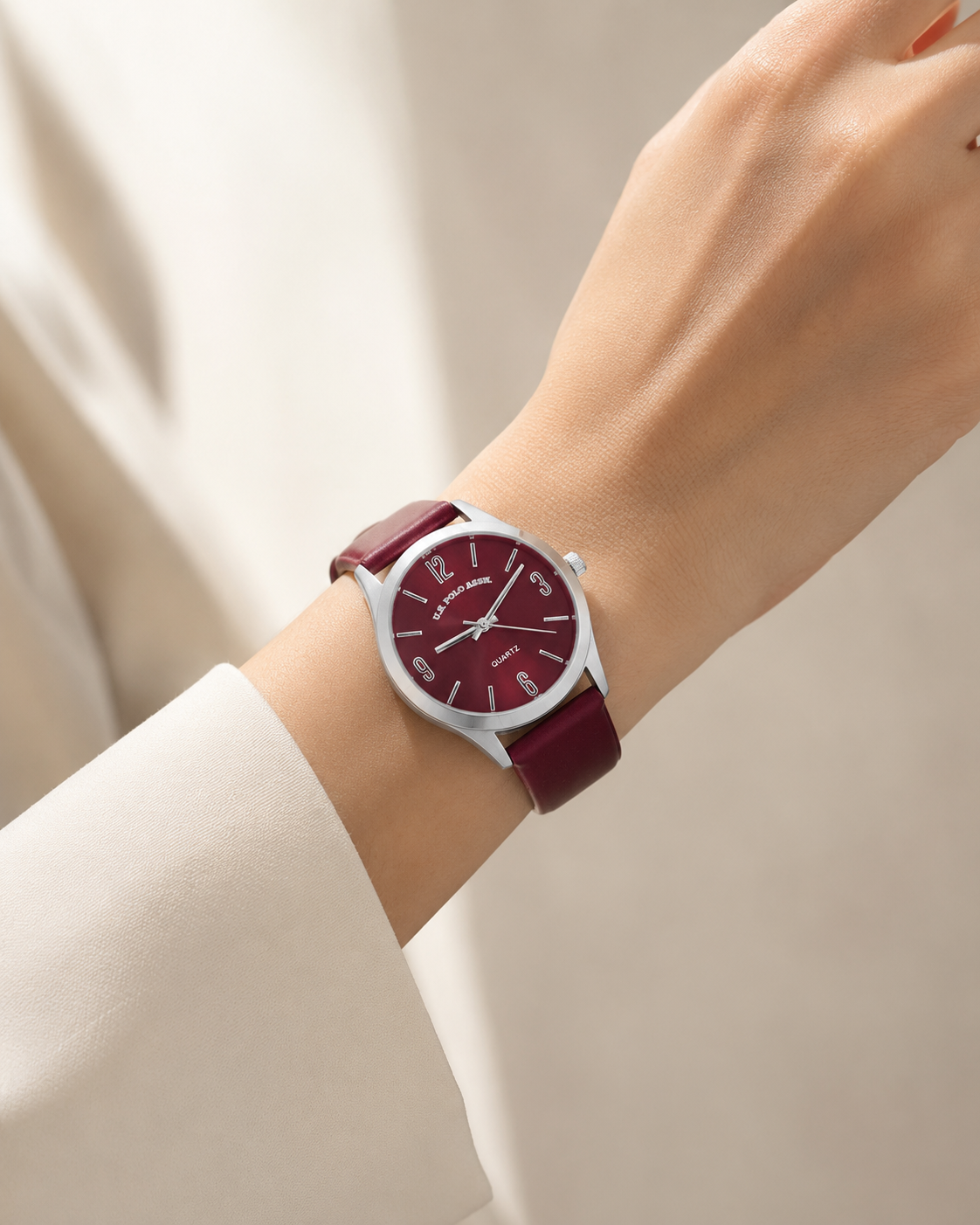 Immediate LADIES BURGUNDY STRAP WATCH WITH SILVER ,USC42158UO-0000A