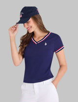 V-NECK SIGNATURE STRIPE TRIM T-SHIRT,215989-2J00A