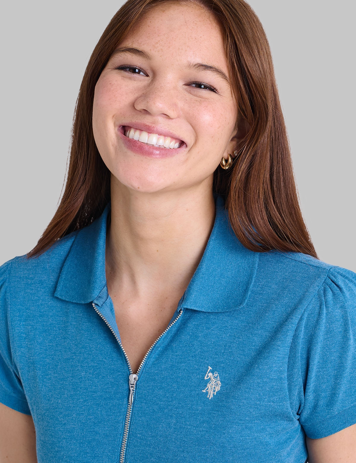 HALF ZIP PUFF SLEEVE HEATHER POLO SHIRT