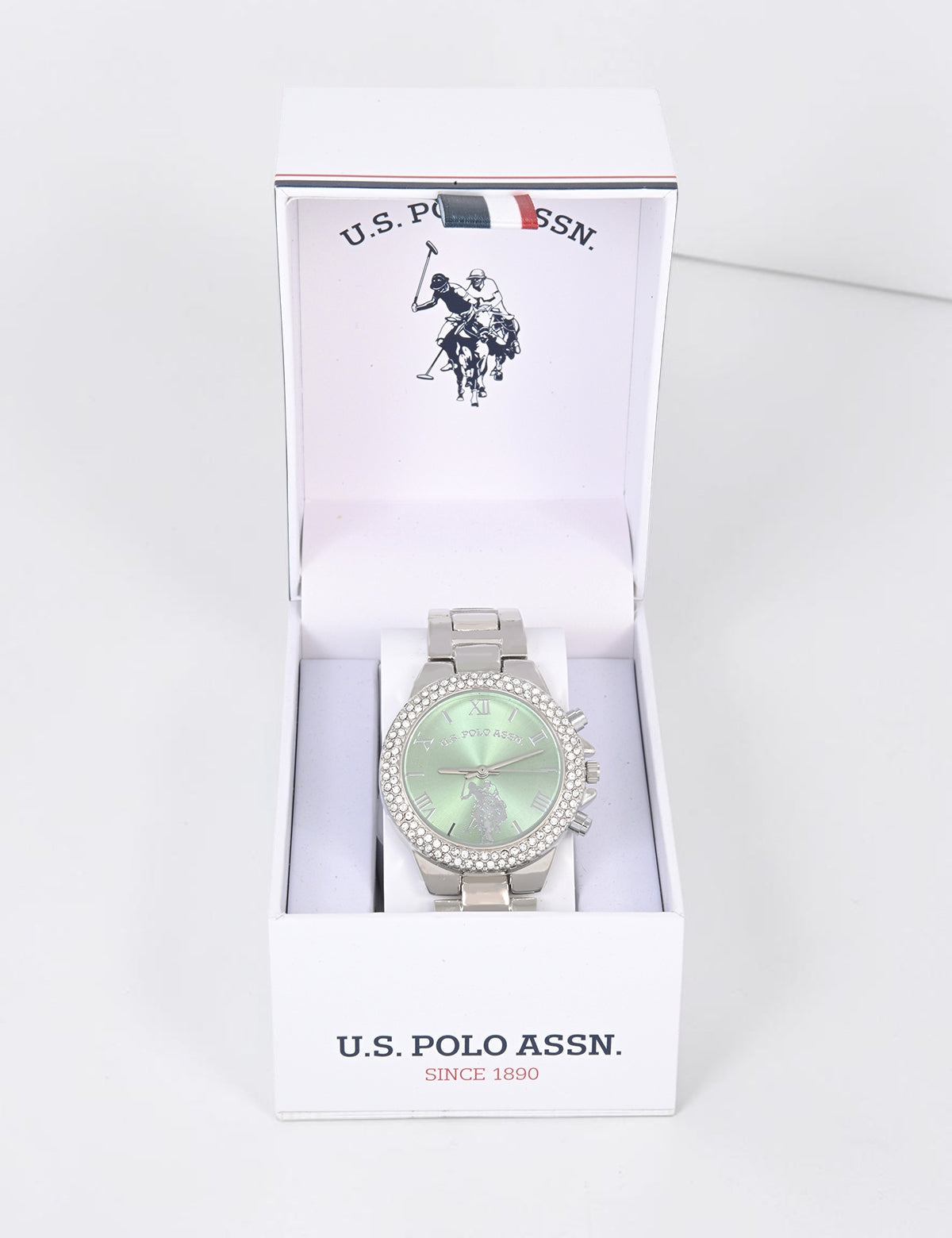 LADIES EMBELLISHED SILVER LINK WATCH WITH MINT FACE,USC40743UO-0000A
