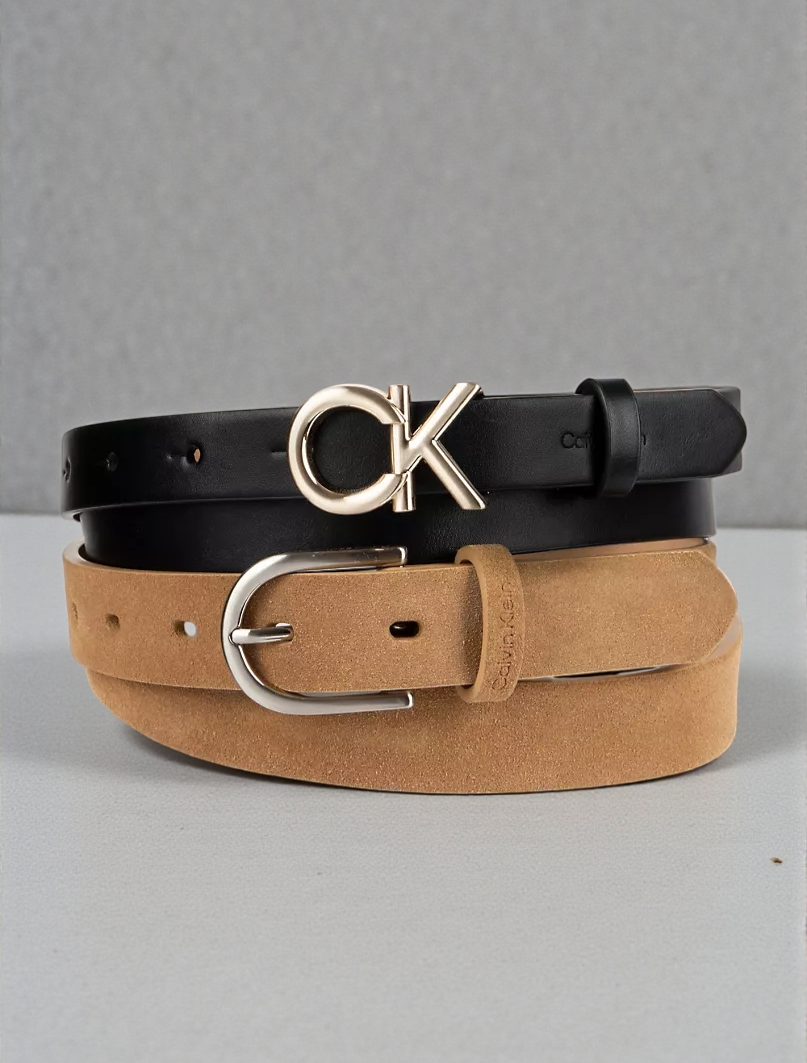 C.K Monogram Logo and Round Buckle Reversible Belt Set