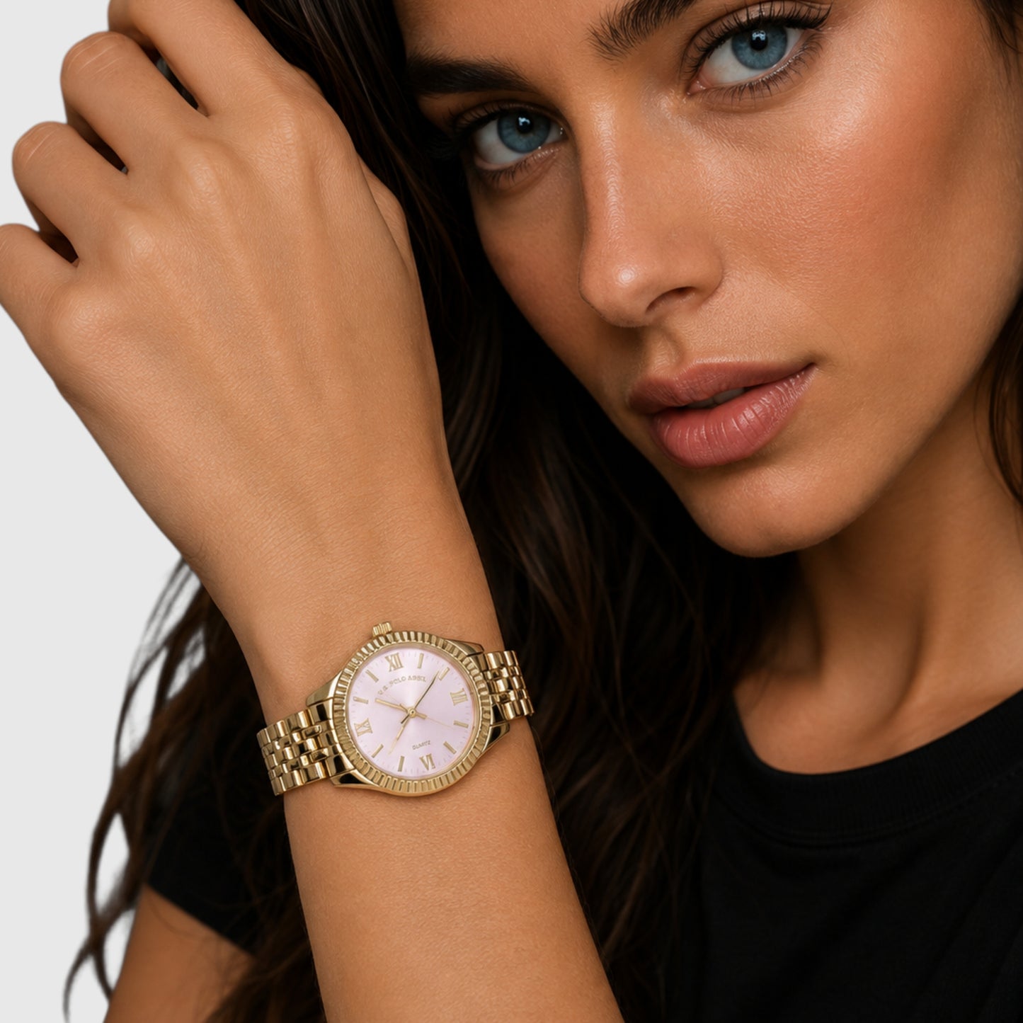 LADIES GOLD LINK ANALOG WATCH WITH PINK FACE,USC40730UO-0000A