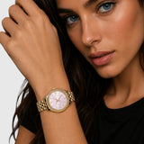 LADIES GOLD LINK ANALOG WATCH WITH PINK FACE,USC40730UO-0000A