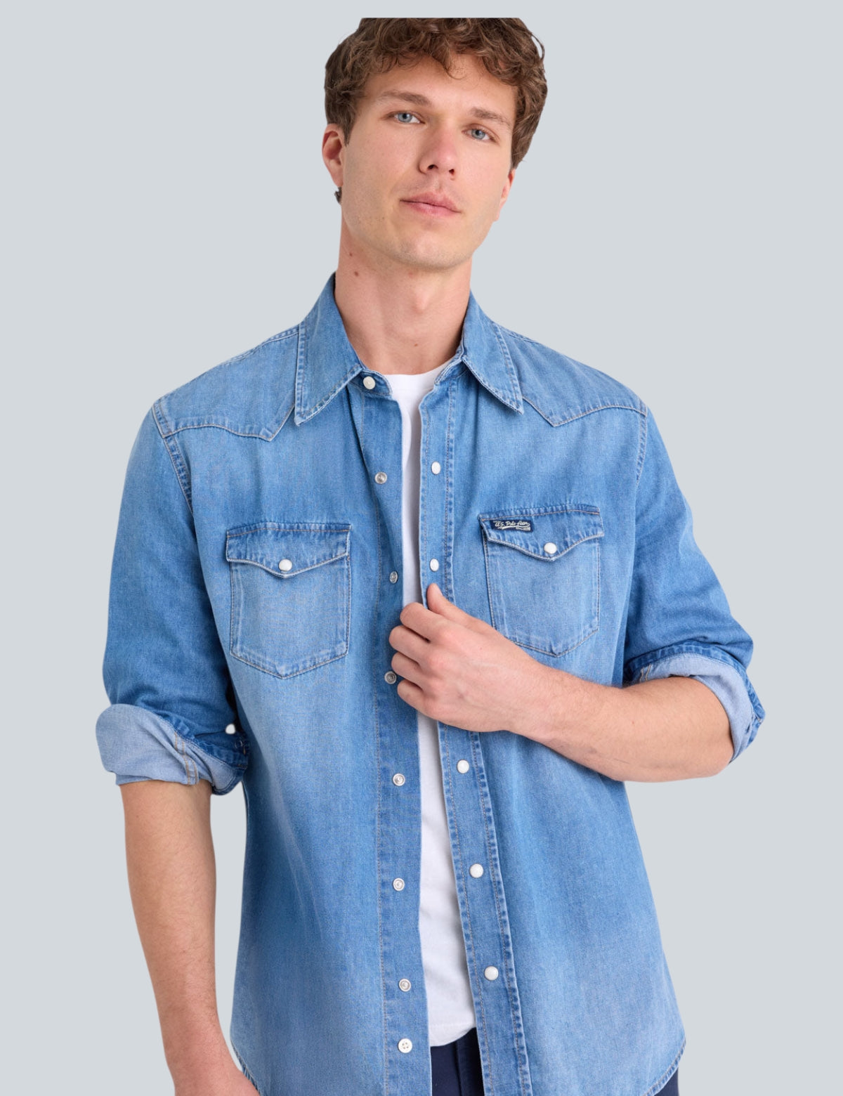 LONG SLEEVE VERTICAL STRIPE SLUB POPLIN DENIM