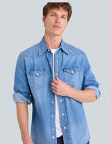 LONG SLEEVE VERTICAL STRIPE SLUB POPLIN DENIM