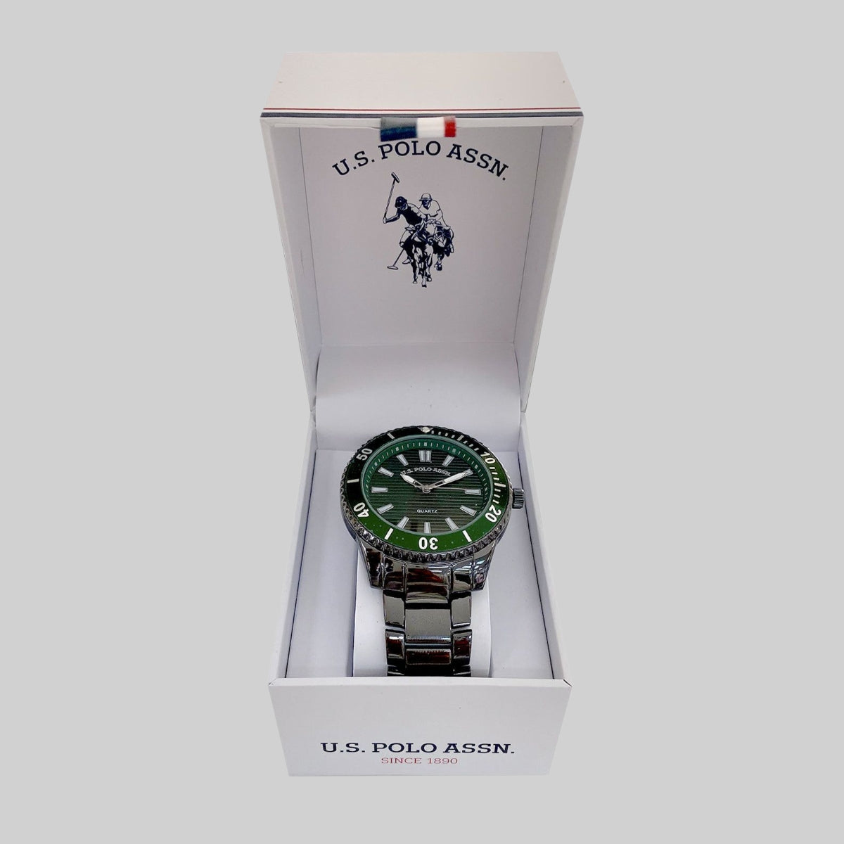 MENS SILVER LINK WATCH WITH GREEN FACE,USC80926UO-0000A
