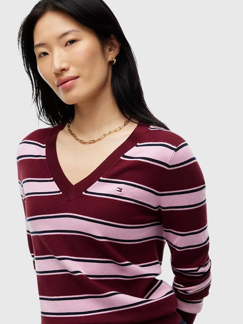 TOMMY HILFIGER Lightweight Striped V-Neck Sweater,XW09742-VLP