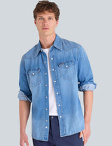 LONG SLEEVE VERTICAL STRIPE SLUB POPLIN DENIM