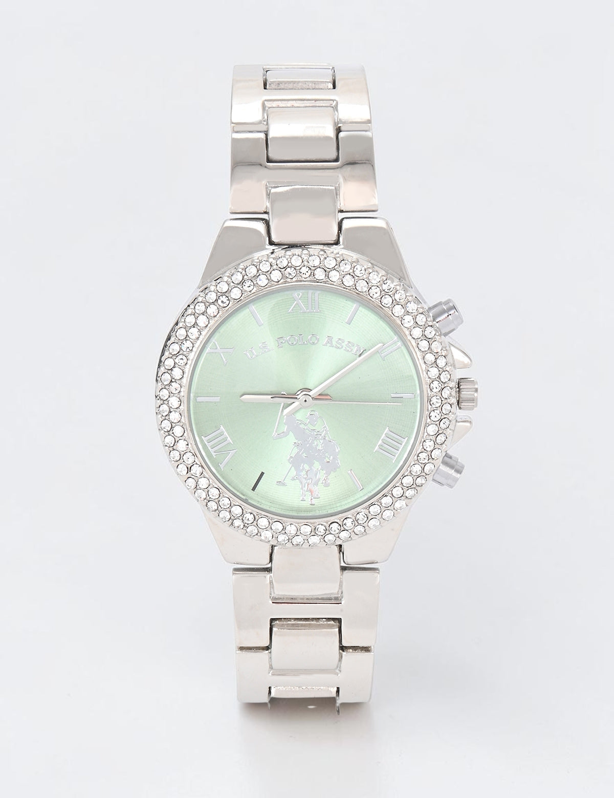 LADIES EMBELLISHED SILVER LINK WATCH WITH MINT FACE,USC40743UO-0000A