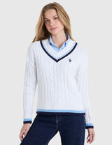 US.POLO.ASSN VARSITY STRIPE V-NECK CABLE SWEATER,21W0019-ER00A