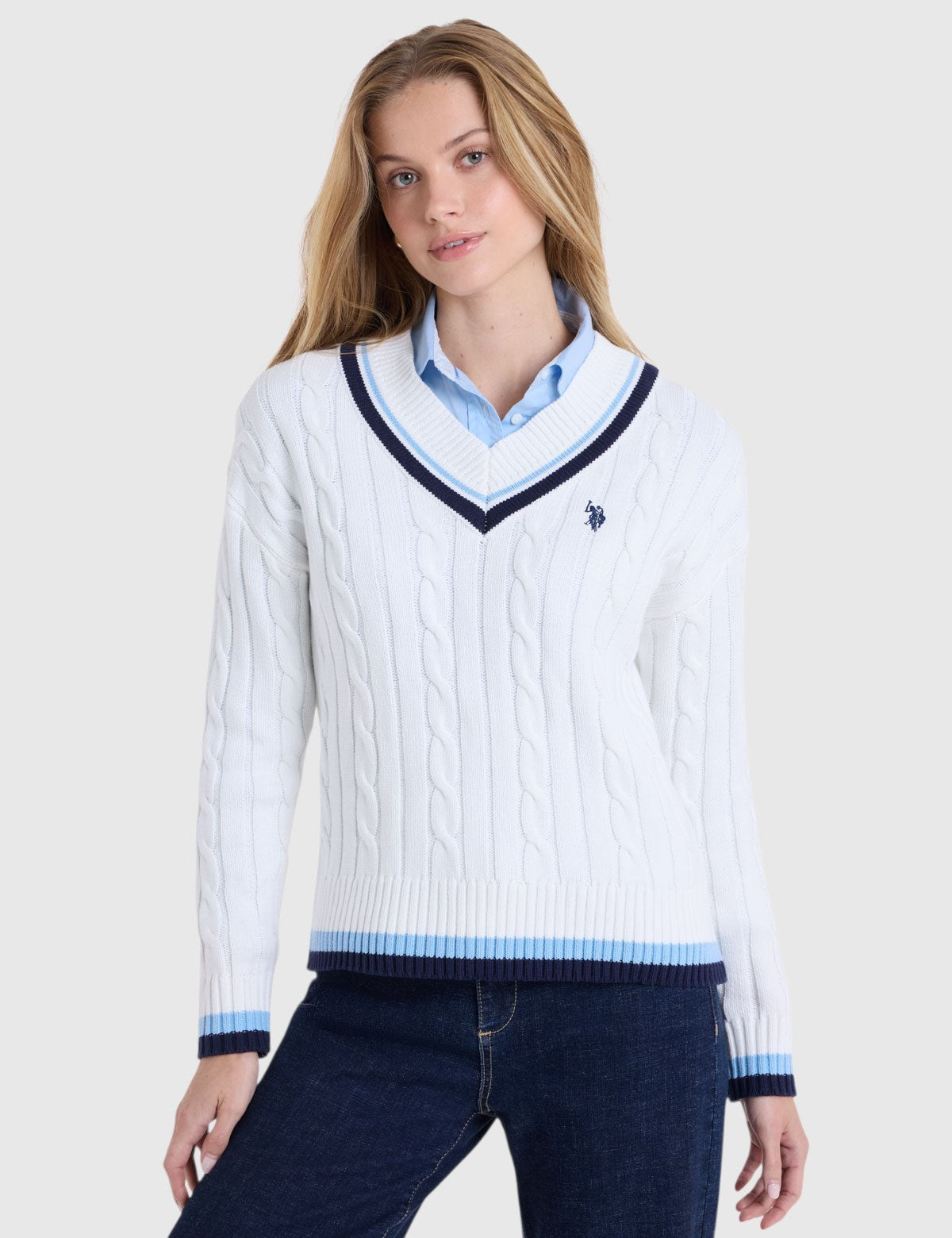 US.POLO.ASSN VARSITY STRIPE V-NECK CABLE SWEATER,21W0019-ER00A