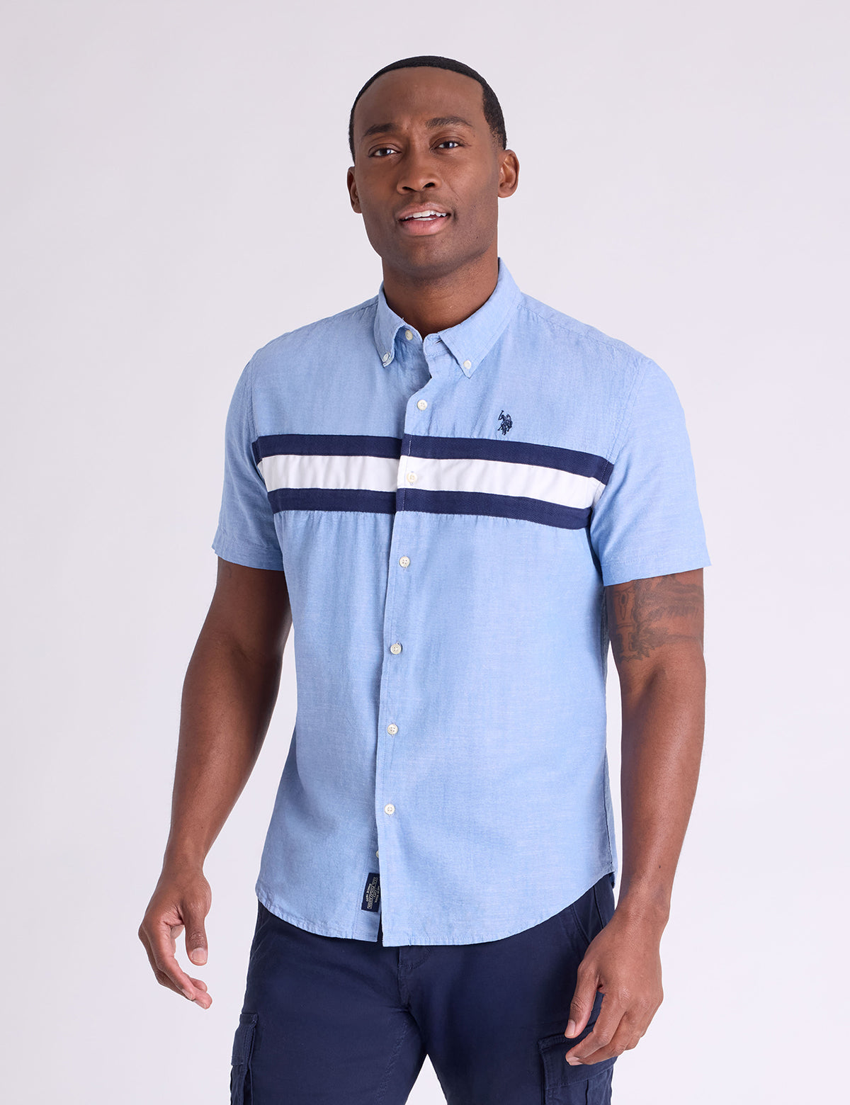 SHORT SLEEVE CHEST STRIPE SLUB CHAMBRAY SHIRT Serial 11H0267-WK00A
