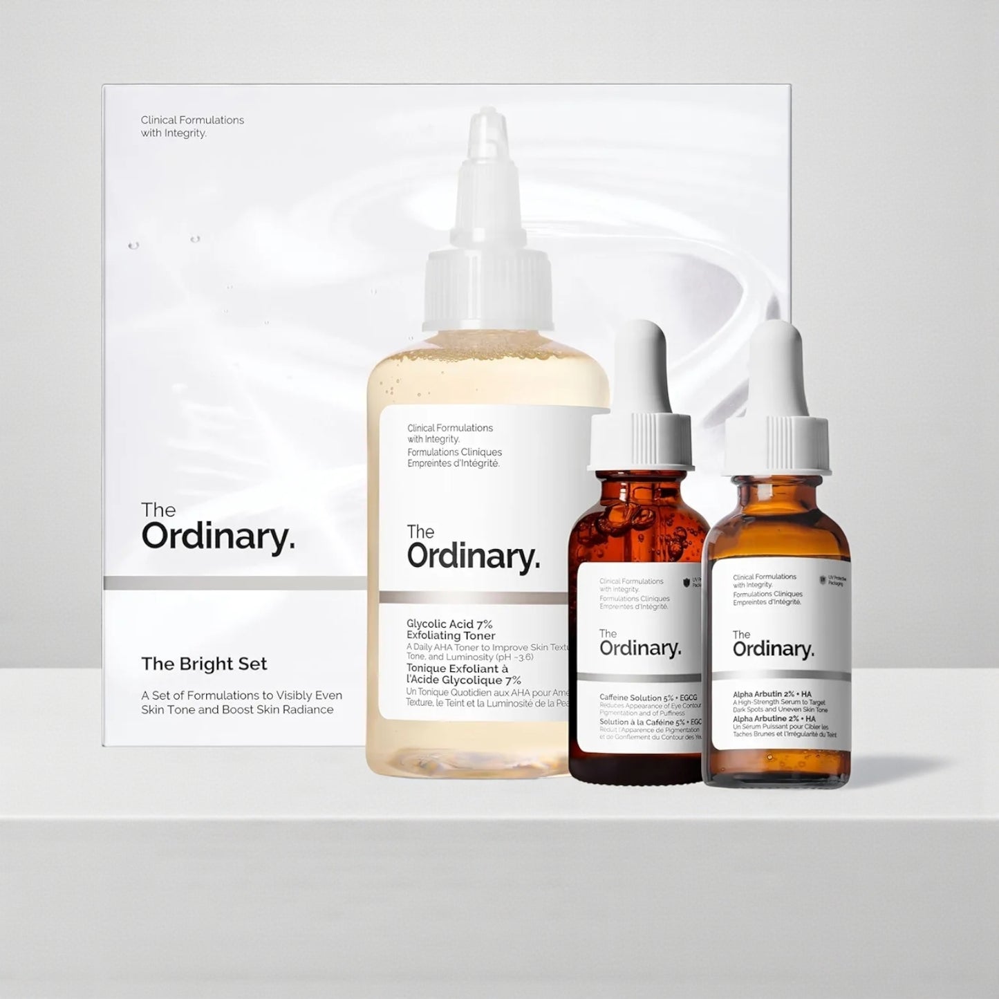 The Ordinary The Bright Set, 3-Step Regimen for Radiant, Even Skin Tone with Glycolic Acid 7% Exfoliating Toner, Alpha Arbutin 2% + HA, and Caffeine Solution 5% + EGCG | Skin Care Set