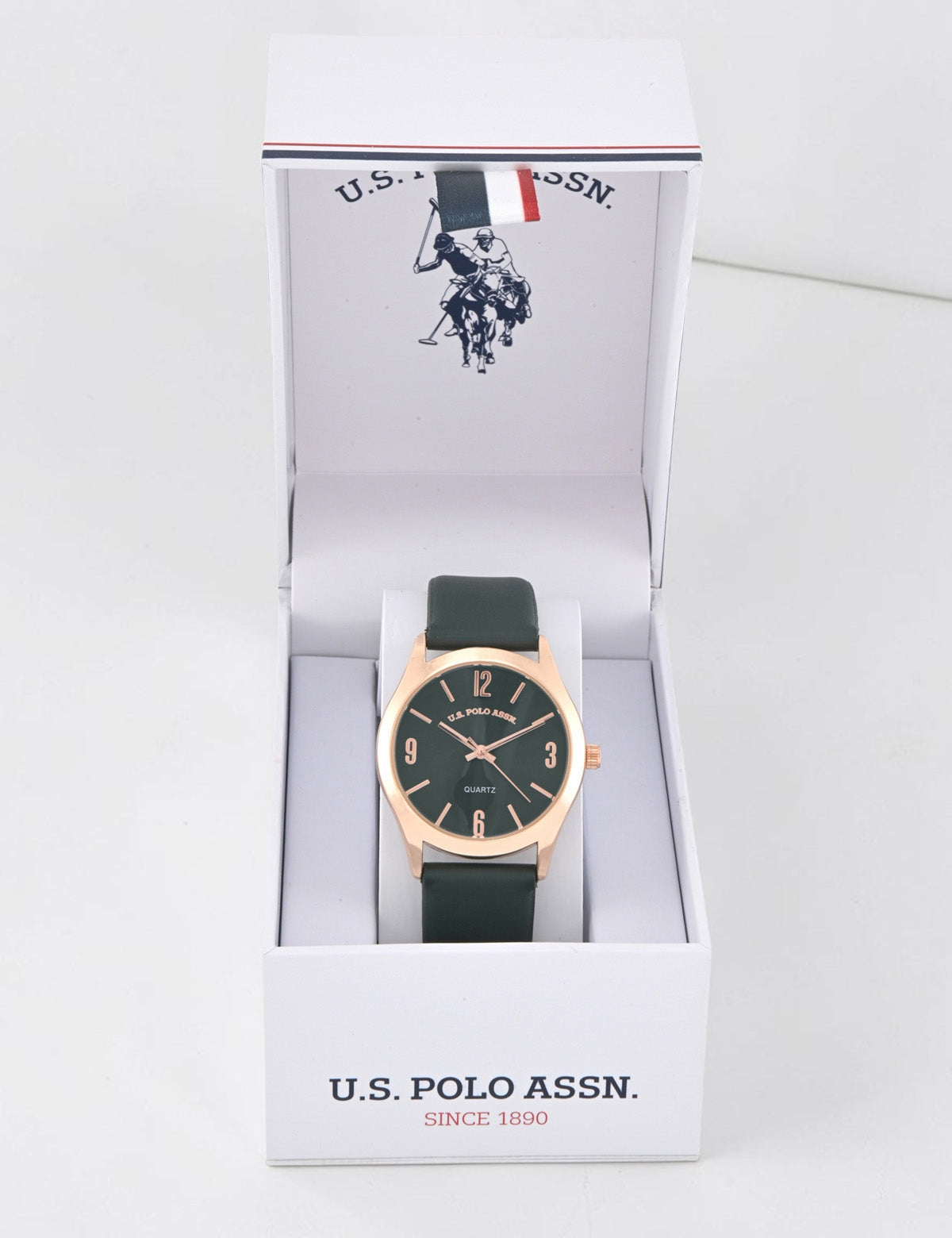LADIES GREEN STRAP WATCH WITH GOLD ACCENT,USC42157UO-0000A