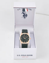 LADIES GREEN STRAP WATCH WITH GOLD ACCENT,USC42157UO-0000A
