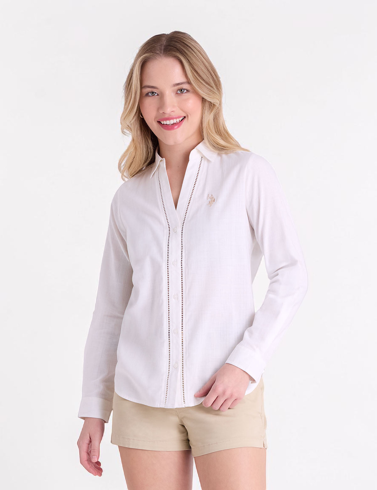CROCHET TRIM LINEN LONG SLEEVE SHIRT 21H0048-NA00A