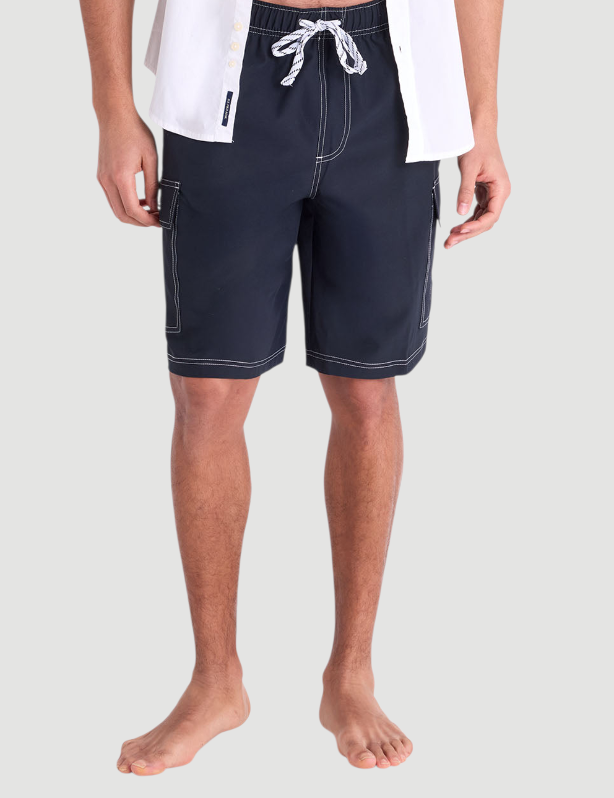 10" CONTRAST STITCH STRETCH CARGO SWIM SHORTS