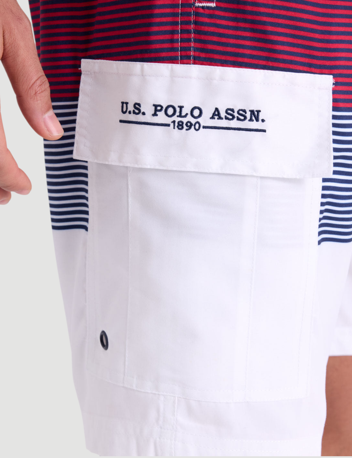 10" COLORBLOCK STRIPE CARGO SWIM SHORTS