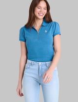 HALF ZIP PUFF SLEEVE HEATHER POLO SHIRT