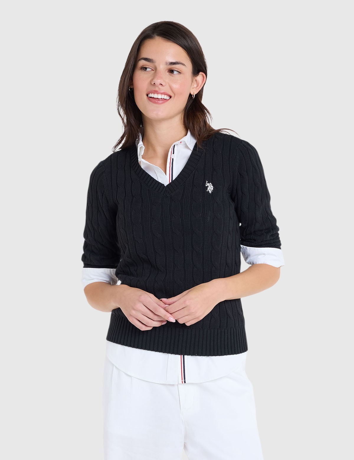 US.POLO.ASSN CABLE V-NECK SWEATER, 21W0007-EE00A