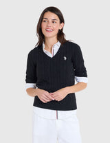 US.POLO.ASSN CABLE V-NECK SWEATER, 21W0007-EE00A