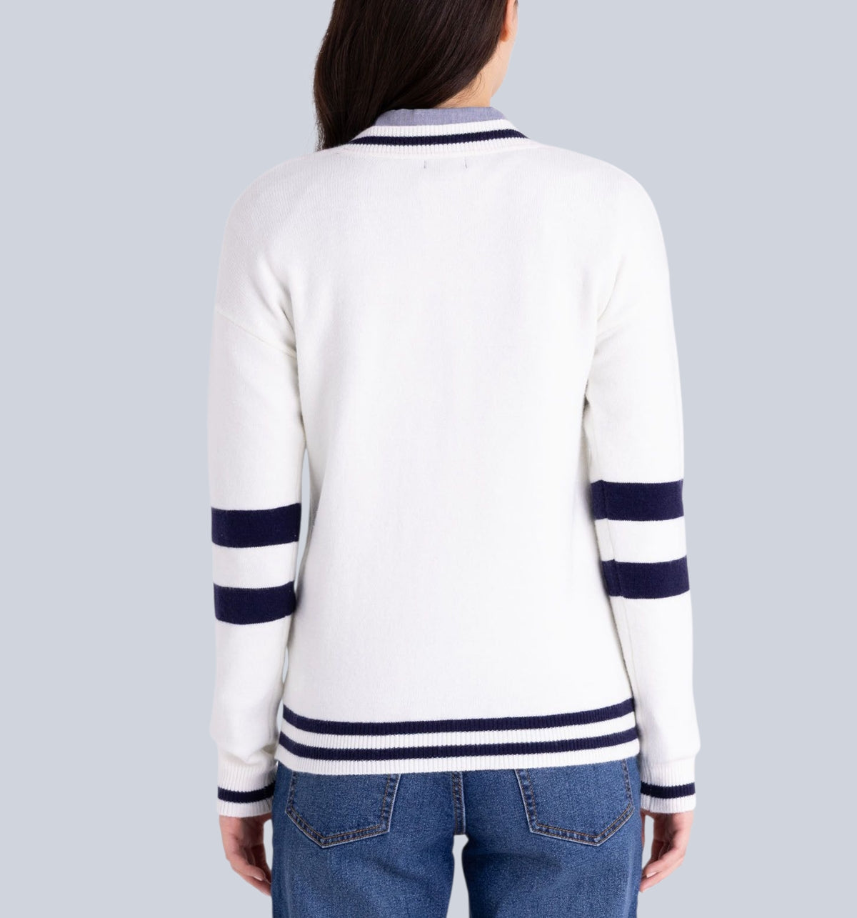 EGRET, V-NECK VARSITY STRIPE SWEATER,321112C