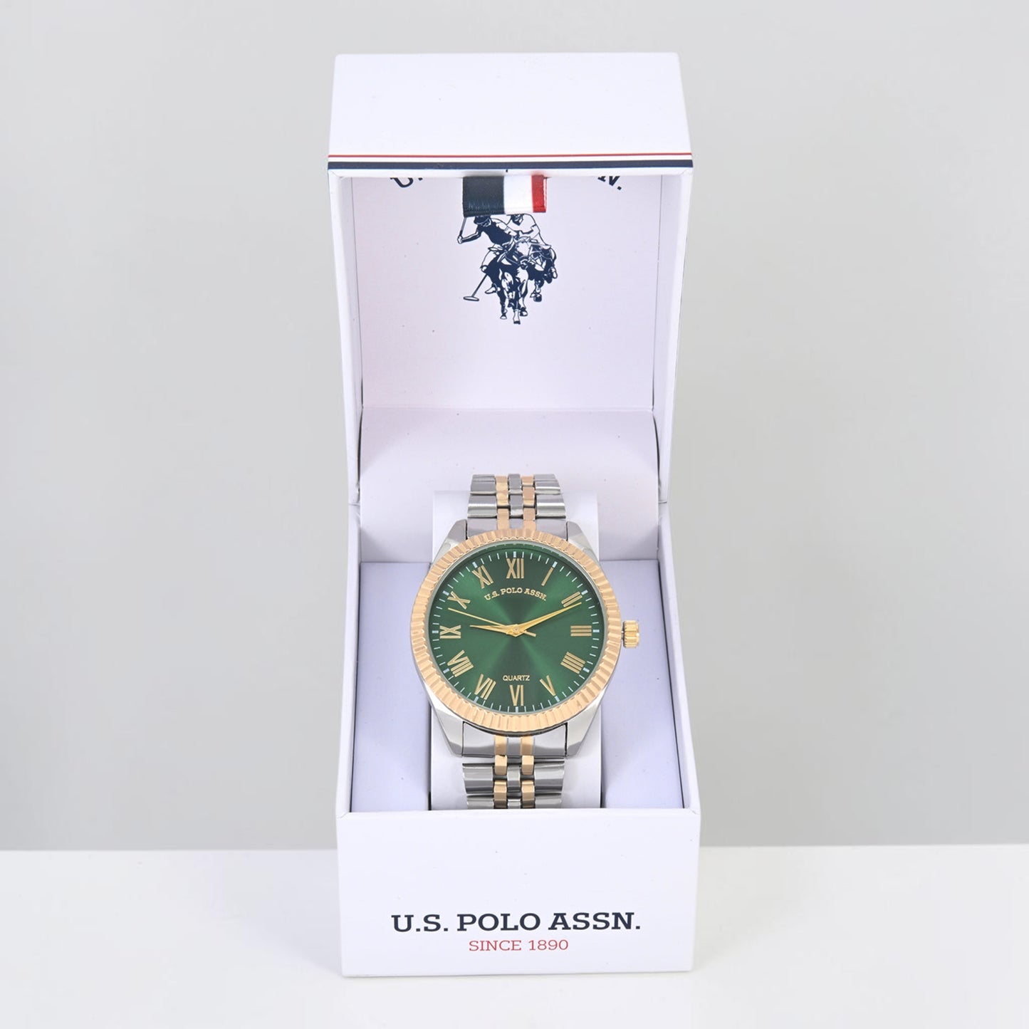 MENS TWO TONE LINK WATCH WITH GREEN DIAL,USC81002UO-0000A
