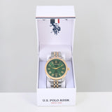 MENS TWO TONE LINK WATCH WITH GREEN DIAL,USC81002UO-0000A